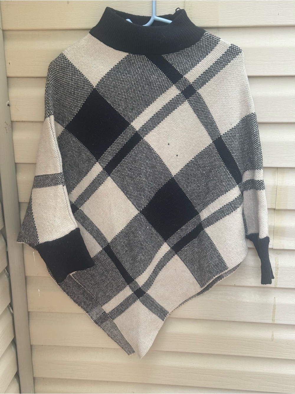 Black and Cream Plaid Cowl Sweater Poncho